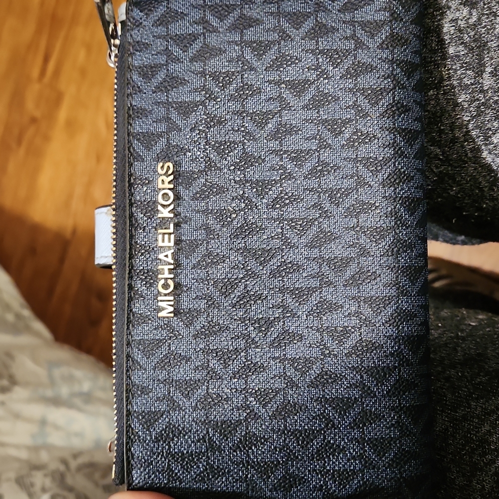 Michael Kors Jet Set Travel Double Zip Wristlet Dark Chambray Blue Mk Signature - Picture 8 of 8